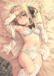  1girl amerika_juu_pan aqua_eyes arm_up armpits bare_shoulders bed_sheet bow bowtie bra breasts brown_hair frilled_bra frilled_panties frills hair_ribbon hand_up highres long_sleeves looking_at_viewer lying medium_hair navel on_back one_eye_closed one_side_up open_clothes open_shirt original panties parted_lips pillow plaid plaid_skirt pleated_skirt ribbon shirt skirt skirt_removed small_breasts solo stomach thigh-highs underwear white_bra white_legwear white_shirt 