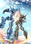  brain_powered clouds floating highres hime_brain holding holding_sword holding_weapon looking_at_viewer mecha nelly_brain no_humans open_hand sakusakusakurai science_fiction sky sword visor weapon 