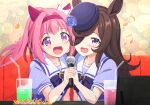  2girls animal_ears black_headwear bow brown_hair commentary_request couch cup drink drinking_glass drinking_straw face-to-face flower flower-shaped_pupils flower_in_eye food french_fries hair_bow hair_intakes hair_over_one_eye haru_urara_(umamusume) hat hat_flower headband holding holding_hands holding_microphone horse_ears horse_girl indoors karaoke kayama_kenji long_hair microphone multiple_girls music musical_note open_mouth pink_eyes pink_hair ponytail purple_shirt ribbon rice_shower_(umamusume) rose school_uniform serafuku shirt short_sleeves singing sitting smile symbol-shaped_pupils symbol_in_eye table tablet_pc umamusume upper_body violet_eyes 