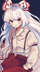  1girl bangs blue_background blush bow buttons closed_mouth collar collared_shirt eyebrows_visible_through_hair eyes_visible_through_hair fujiwara_no_mokou garan_co hair_between_eyes hair_bow hands_in_pockets highres long_hair long_sleeves looking_at_viewer multicolored_bow ofuda ofuda_on_clothes pants puffy_sleeves red_bow red_eyes red_pants shirt silver_hair simple_background solo standing teeth touhou white_bow white_hair white_shirt white_sleeves 