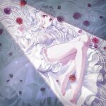  1girl albino barefoot bed bloomers breasts dress feet flower frills haduki_tohru highres lingerie long_hair looking_at_viewer lying negligee on_side original red_eyes rose solo underwear white_hair 