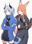  2girls animal_ear_fluff animal_ears arknights belt black_dress black_legwear black_shirt black_skirt blue_hair blue_jacket brown_gloves chinese_commentary closed_mouth commentary_request cowboy_shot crossed_legs dragon_horns dragon_tail dress elbow_gloves electricity eyebrows_visible_through_hair fox_ears fox_tail franka_(arknights) gloves green_scarf grey_background highres holding holding_sword holding_weapon horns id_card jacket liskarm_(arknights) long_hair long_sleeves looking_at_another multiple_girls ponytail red_eyes scarf shirt simple_background skirt smile sweatdrop sword tail thigh-highs weapon xiao_lu 