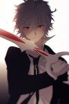  11kkr 1boy bangs black_coat closed_mouth coat eyes_visible_through_hair highres holding holding_sword holding_weapon light looking_at_viewer nagisa_kaworu necktie neon_genesis_evangelion red_eyes shirt short_hair simple_background smile solo standing sword weapon white_background white_shirt 