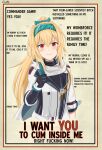  1girl black_gloves blonde_hair english_text gamryous girls_frontline gloves green_headband hair_intakes hairband headband highres i_want_you long_hair parody ponytail poster_(medium) red_eyes sidelocks smile solo sv-98_(girls_frontline) upper_body 