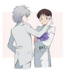  11kkr 2boys blue_eyes blush bouquet brown_hair closed_mouth flower formal hair_flower hair_ornament holding holding_bouquet ikari_shinji light_blush looking_at_another looking_to_the_side multiple_boys nagisa_kaworu neon_genesis_evangelion pale_skin pants purple_flower red_eyes short_hair simple_background smile standing suit white_flower white_hair white_pants white_suit 