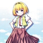  1girl :3 black_hairband blonde_hair blue_background blush closed_mouth clouds collared_shirt commentary_request cosplay eyebrows_visible_through_hair hairband halftone halftone_background hands_on_hips hazumi_otoya highres higurashi_no_naku_koro_ni houjou_satoko looking_at_viewer medium_hair multiple_sources necktie open_clothes open_vest pleated_skirt red_neckwear red_shirt red_skirt shiny shiny_hair shirt shirt_tucked_in short_sleeves skirt smile solo sonozaki_mion sonozaki_mion_(cosplay) standing v-shaped_eyebrows vest violet_eyes white_background white_shirt wing_collar yellow_vest 