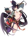  1girl absurdres armor arms_up asymmetrical_clothes asymmetrical_sleeves bangs black_hair blue_panties blush breast_curtains breasts commentary_request detached_sleeves fate/grand_order fate_(series) feather_hair_ornament feathers hair_ornament highres holding holding_sword holding_weapon japanese_armor japanese_clothes katana kometsubu kusazuri long_hair looking_at_viewer medium_breasts mismatched_sleeves multicolored multicolored_eyes navel panties parted_bangs pom_pom_(clothes) purple_sleeves rainbow_eyes revealing_clothes shaded_face sheath shoulder_armor side_ponytail sidelocks simple_background single_pantsleg smile sode solo sword tail tassel under_boob underwear unsheathing ushiwakamaru_(fate) very_long_hair weapon white_background white_sleeves wide_sleeves 