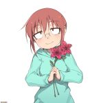  1girl aqua_hoodie bangs breasts closed_mouth flower glasses head_tilt holding holding_flower kobayashi-san_chi_no_maidragon kobayashi_(maidragon) looking_at_viewer medium_breasts medium_hair once_11h own_hands_together red_eyes redhead simple_background smile solo standing upper_body white_background 