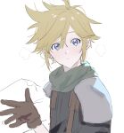  1boy bangs blonde_hair blue_eyes blush breath brown_gloves cloud_strife final_fantasy final_fantasy_vii gloves hair_between_eyes highres holding male_focus parted_lips poi_poifu simple_background sketch solo spiky_hair upper_body white_background 