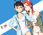  2girls agahari animal_ears bikini black_hair blue_background blue_jacket breasts closed_mouth commentary_request dated green_eyes green_jacket hands_on_hips heterochromia highres jacket long_hair looking_at_viewer medium_breasts minna-dietlinde_wilcke multiple_girls one-piece_swimsuit open_clothes open_jacket ponytail red_eyes redhead sakamoto_mio smile strike_witches swimsuit two-tone_background white_background white_bikini white_swimsuit world_witches_series 