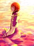  1boy archbishop_(ragnarok_online) bangs closed_mouth coat commentary_request cropped_jacket cross feet_out_of_frame hair_between_eyes jacket looking_at_viewer male_focus mit_(necomit) purple_coat ragnarok_online red_eyes redhead short_hair sitting smile solo water wet wet_clothes white_jacket 