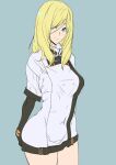  1girl ashiomi_masato blonde_hair blue_eyes breasts closed_mouth gloves guilty_gear guilty_gear_xx long_hair looking_at_viewer millia_rage simple_background smile solo 