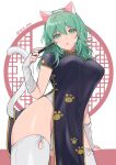  1girl :o animal_ears banned_artist bare_hips byleth_(fire_emblem) byleth_eisner_(female) china_dress chinese_clothes collared_dress dress elbow_gloves fire_emblem fire_emblem:_three_houses gloves green_eyes green_hair hairband hand_fan highres leotard leotard_under_clothes looking_at_viewer shimizu_akina side_slit tail thigh-highs white_legwear white_leotard 