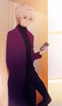  11kkr 1boy bangs black_pants black_shirt closed_mouth coat hand_in_pocket highres holding holding_phone jacket looking_at_phone nagisa_kaworu neon_genesis_evangelion pants phone purple_jacket red_eyes shirt short_hair simple_background smile solo standing wall white_hair white_shirt window 