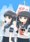  2girls bangs black_eyes black_hair blue_neckwear blue_sailor_collar blue_skirt blue_sky blunt_bangs brown_eyes chopsticks clouds commentary_request cowboy_shot food fubuki_(kancolle) hatsuyuki_(kancolle) highres ice_cream kantai_collection long_hair low_ponytail multiple_girls neck_ribbon pleated_skirt ponytail ramen ribbon sailor_collar school_uniform serafuku short_ponytail sidelocks skirt sky soft_serve tongue tongue_out toplow 