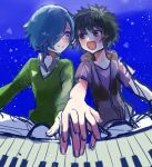  2boys black_eyes black_hair blue_background blue_hair hand_on_hand looking_at_another male open_mouth piano sitting smile violet_eyes yabusame_alice yabusame_reko 