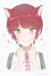  1girl animal_ear_fluff animal_ears bangs blush cat_ears commentary cropped_shoulders dangan_ronpa_(series) dangan_ronpa_2:_goodbye_despair eyebrows_visible_through_hair green_eyes hands_up heart index_finger_raised koizumi_mahiru looking_at_viewer nail_polish necktie plaid_neckwear red_neckwear redhead short_hair simple_background smile solo twitter_username unmyeong upper_body white_neckwear 