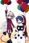  2girls ahoge aqua_eyes balloon blue_hair boots braid buna_shimeji_(keymush) doremy_sweet dress french_braid holding_another&#039;s_arm jacket jacket_removed kishin_sagume multiple_girls pom_pom_(clothes) purple_dress red_eyes red_headwear red_neckwear silver_hair single_wing sweatdrop tail tapir_tail touhou turtleneck wings 