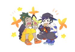  &gt;_&lt; 2boys :d absurdres bangs baseball_cap black_hair blush closed_eyes commentary_request elio_(pokemon) gen_2_pokemon gen_7_pokemon grey_headwear hagetapo hat hau_(pokemon) highres litten malasada male_focus multiple_boys open_mouth orange_footwear pants pichu pokemon pokemon_(creature) pokemon_(game) pokemon_sm shirt shoes short_sleeves smile squatting striped striped_shirt t-shirt tongue yellow_pants 