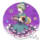  1girl animal blush calf chamaruku dress furrification furry ghost_tail green_dress green_eyes green_hair hat holding holding_animal hooves horns mononobe_no_futo nightcap ofuda ofuda_on_clothes purple_background sheep sheep_horns sleeping soga_no_tojiko star_(symbol) touhou toyosatomimi_no_miko 