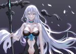  1girl absurdres alternate_hairstyle blue_eyes clothing_cutout fate/grand_order fate_(series) highres looking_at_viewer morgan_le_fay_(fate) simple_background smile stomach_cutout torn_clothes user_eavn3725 white_hair 