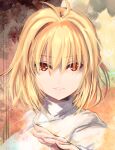  1girl antenna_hair arcueid_brunestud bangs blonde_hair commentary_request eyebrows_visible_through_hair hair_between_eyes jewelry lips long_sleeves looking_at_viewer necklace parted_lips pokomi portrait red_eyes short_hair sidelocks solo sweater tsukihime tsukihime_(remake) tsurime turtleneck turtleneck_sweater white_sweater 