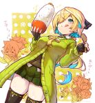  3girls :q =_= ahoge animal_ears armor blonde_hair blush boots bottle bowl breasts buttons cat_ears cat_tail chibi closed_eyes fang fingerless_gloves food fukube gloves green_hair hair_between_eyes hair_over_one_eye hair_ribbon heart holding holding_bottle holding_bowl holding_food inaba_gou large_breasts long_hair long_sleeves low_ponytail messy_hair miniskirt momijigari_kanemitsu multicolored_hair multiple_girls open_mouth pleated_skirt ponytail ribbon rice rice_bowl rice_spoon sayo_samonji_(tenka_hyakken) scarf short_hair skirt sparkle tail tenka_hyakken thigh-highs thigh_boots tongue tongue_out translation_request 