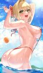  1girl :d absurdres ahoge arms_behind_head arms_up ass ball bangs bare_arms beachball bikini blonde_hair blue_sky blush braid breasts clouds cloudy_sky commentary_request cowboy_shot day eyebrows_visible_through_hair fate/extra fate_(series) flower french_braid green_eyes hair_between_eyes hair_bun hair_flower hair_intakes hair_ornament highres large_breasts looking_at_viewer looking_back nero_claudius_(fate) nero_claudius_(fate/extra) open_mouth outdoors red_bikini red_flower sky smile solo standing sun swimsuit thong_bikini wading wet yayoi_maka 