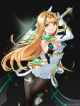  1girl aegis_sword_(xenoblade) bangs blonde_hair blush breasts earrings elbow_gloves gloves headpiece highres jewelry large_breasts long_hair looking_at_viewer mythra_(xenoblade) silvercandy_gum simple_background smile solo super_smash_bros. swept_bangs thigh-highs tiara very_long_hair xenoblade_chronicles_(series) xenoblade_chronicles_2 yellow_eyes 