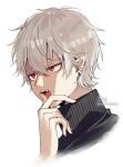  1boy bangs commentary cropped_shoulders earrings fang grey_hair hair_between_eyes hand_up highres jewelry kuzuha_(nijisanji) looking_away male_focus mole mole_under_eye nijisanji pointy_ears portrait red_eyes signature simple_background sofra solo tongue tongue_out turtleneck twitter_username upper_teeth virtual_youtuber white_background 