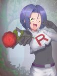  1boy blue_hair crop_top flower gloves green_eyes highres james_(pokemon) moticome one_eye_closed pokemon pokemon_(anime) red_flower rose smile team_rocket 