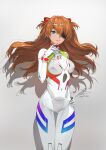  1girl blue_eyes breasts covered_navel evangelion:_3.0+1.0_thrice_upon_a_time eyepatch fadingz gradient gradient_background grey_background hand_on_hip highres long_hair looking_at_viewer medium_breasts neon_genesis_evangelion orange_hair parted_lips pixiv_id plugsuit rebuild_of_evangelion shadow signature solo souryuu_asuka_langley thigh_gap 