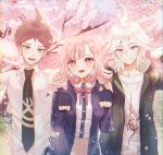  1girl 2boys :d bangs black_shirt blush breast_pocket breasts cherry_blossoms collarbone collared_shirt dangan_ronpa_(series) dangan_ronpa_2:_goodbye_despair dress_shirt flipped_hair green_jacket green_neckwear hair_between_eyes hair_ornament hands_up highres hinata_hajime hood hood_down jacket komaeda_nagito light_brown_hair looking_at_viewer medium_breasts medium_hair multiple_boys nanami_chiaki neck_ribbon necktie open_clothes open_jacket open_mouth paw_pose pink_eyes pink_hair pink_ribbon pocket print_shirt ribbon shirt shirt_tucked_in short_hair skirt smile snow_finale tree upper_teeth white_shirt 