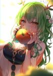  1girl antlers apple breasts ceres_fauna food fruit green_hair highres hololive hololive_english keipup large_breasts long_hair solo virtual_youtuber 