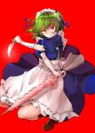  1girl alternate_costume apron bangs blue_dress blue_ribbon boots breasts dagger dress enmaided eyebrows_visible_through_hair glasses gloves green_hair grin hair_between_eyes kazami_yuuka knife maid maid_apron maid_headdress medium_breasts parasol puffy_short_sleeves puffy_sleeves red_background red_eyes ribbon shironeko_yuuki short_hair short_sleeves smile solo squatting touhou umbrella weapon white_gloves 