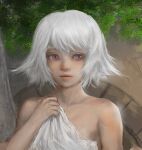  1girl bare_shoulders covering covering_breasts highres holding_cloth jinsai_sa_sa leaf mole mole_under_eye original parted_lips portrait realistic sideways_glance solo violet_eyes white_hair 
