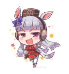  1girl :d animal_ears bangs bare_shoulders blush boots breasts brown_headwear chibi commentary_request dress ear_covers eyebrows_visible_through_hair full_body gloves gold_ship_(umamusume) grey_hair hat horse_ears horse_girl horse_tail knee_boots long_hair medium_breasts mini_hat noai_nioshi open_mouth pantyhose red_dress running sleeveless sleeveless_dress smile solo starry_background tail twitter_username umamusume upper_teeth v-shaped_eyebrows very_long_hair violet_eyes white_background white_footwear white_gloves white_legwear 