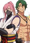  2boys abs absurdres armband beniazumaru black_gloves bracer brown_eyes cherry_blossom_(sk8) fingerless_gloves gloves green_hair hand_on_hip highres jewelry joe_(sk8) long_hair male_focus mask multiple_boys muscular muscular_male necklace pectorals pink_hair ponytail simple_background sk8_the_infinity smile standing white_background yellow_eyes 
