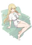  1girl absurdres baffu bangs barefoot blonde_hair blush breasts chest_jewel clothes_writing couch earrings eating food highres jewelry large_breasts legs long_hair looking_at_viewer mythra_(xenoblade) shirt short_sleeves sidelocks sitting solo swept_bangs white_shirt xenoblade_chronicles_(series) xenoblade_chronicles_2 yellow_eyes 