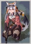 absurdres adapted_costume animal_ears black_gloves black_shirt blush brown_pants collared_shirt commentary_request extra_ears eyewear_on_head fox_ears fox_girl fox_tail gloves goggles grey_hair gun hair_tie highres island_fox_(kemono_friends) jacket kemono_friends kemono_friends_v_project knee_pads long_sleeves multicolored_hair necktie orange_hair orange_jacket pants shirt squatting tail toriny twintails two-tone_hair virtual_youtuber weapon white_neckwear