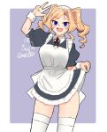  1girl alternate_costume apron black_dress blonde_hair blue_eyes blush breasts dress drill_hair enmaided eyebrows_visible_through_hair frilled_dress frills highres honolulu_(kancolle) kantai_collection large_breasts long_hair maid maid_headdress mochizou one-hour_drawing_challenge open_mouth short_dress signature simple_background skirt_hold solo thigh-highs twin_drills twitter_username w white_apron white_legwear wrist_cuffs 