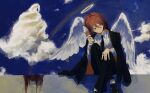  1boy 7ife absurdres angel angel_devil_(chainsaw_man) angel_wings black_jacket black_neckwear blood brown_eyes brown_hair business_suit chainsaw_man collared_shirt crossed_legs dress_shirt feathered_wings food formal hair_between_eyes halo hand_on_own_knee highres holding holding_food ice_cream ice_cream_cone jacket long_hair long_sleeves male_focus necktie pants rainbow shirt shoes sitting solo suit white_shirt white_wings wings 