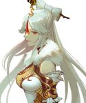  1girl bare_shoulders breasts chinese_clothes closed_mouth elbow_gloves fur_collar genshin_impact gloves highres lips long_hair looking_at_viewer medium_breasts mistermagnolia ningguang_(genshin_impact) red_eyes smile solo white_background white_hair 