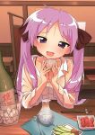  1girl bangs blush bottle brown_ribbon chopsticks cup elbow_rest food hair_ribbon highres hiiragi_kagami holding holding_cup hotaru_iori ichimi_renge indoors long_hair long_sleeves looking_at_viewer lucky_star open_mouth pov purple_hair restaurant ribbon shirt solo table twintails violet_eyes water white_shirt 