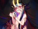  1girl aqua_pupils black_hair blood_on_chest bright_pupils cracked_skin facial_mark flat_chest grey_background grey_hair hair_between_eyes hair_censor hands hands_up highres holding horns long_hair looking_at_viewer looking_down multicolored_hair multiple_horns navel nude oni_horns original purple_hair red_eyes redhead sketch solo_focus unfinished upper_body very_long_hair whisker_markings zumi_(neronero126) 