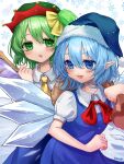  2girls :d ascot bag bangs blue_dress blue_eyes blue_hair blush bow christmas cirno daiyousei dress eyebrows_visible_through_hair green_eyes green_hair hair_between_eyes hair_bow hat highres holding holding_bag ice ice_wings looking_at_another looking_to_the_side multiple_girls open_mouth pointy_ears puffy_short_sleeves puffy_sleeves ribbon sack santa_hat shianebulae shirt short_hair short_sleeves signature smile snowflakes touhou white_background white_shirt wings yellow_bow 