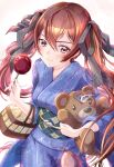  1girl absurdres artist_name basket clear_glass_(mildmild1311) fire_emblem fire_emblem_awakening fire_emblem_fates hair_between_eyes hair_ribbon highres holding japanese_clothes kimono long_hair looking_at_viewer red_eyes redhead ribbon selena_(fire_emblem_fates) severa_(fire_emblem) smile solo stuffed_animal stuffed_toy teddy_bear twintails twitter_username white_background wide_sleeves yukata 