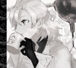  10zikan_netai 1boy albedo_(genshin_impact) alternate_costume bangs cup flask genshin_impact gloves greyscale hair_between_eyes holding holding_cup jacket male_focus monochrome mug parted_lips ponytail round-bottom_flask short_ponytail solo upper_body 