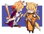  &gt;_&lt; 1other 2girls anger_vein angry animal_ears arong blonde_hair blue_background border cat_ears cat_tail detached_sleeves dog_ears dog_tail gap_(touhou) hair_between_eyes headwear_removed long_hair long_sleeves matara_okina multiple_girls ribbon scratches sharp_teeth sweatdrop tabard tail teeth touhou white_border wide_sleeves yakumo_yukari 