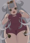  1girl :d bangs bare_arms bare_shoulders blush breasts brown_eyes china_dress chinese_clothes commentary_request covered_navel dress eyebrows_visible_through_hair fingers_to_cheeks from_below grey_background grey_hair highres horns long_hair looking_at_viewer looking_away medium_breasts ofuda oni oni_horns open_mouth original paryi red_dress simple_background sleeveless sleeveless_dress smile solo standing very_long_hair 